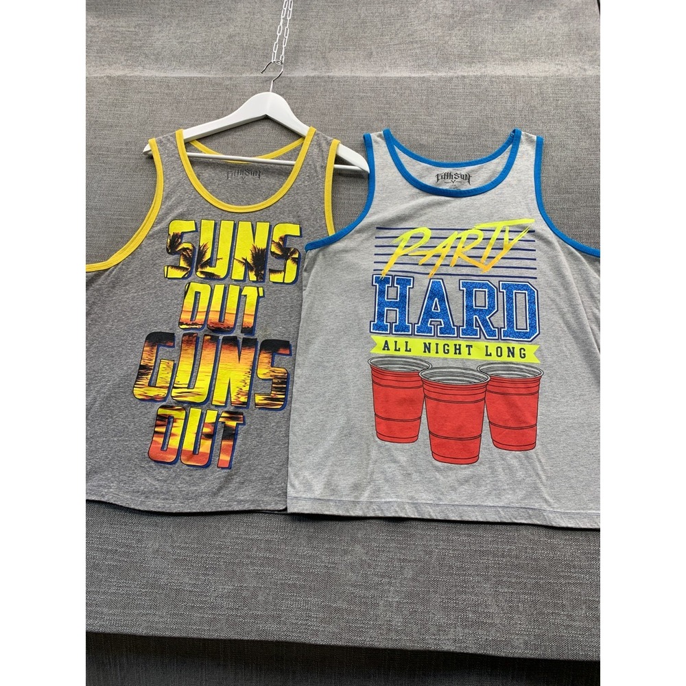 Fifth Sun Suns Out Guns Out & Party Hard Tank Tops L Gray Graphic Print Lot of 2
